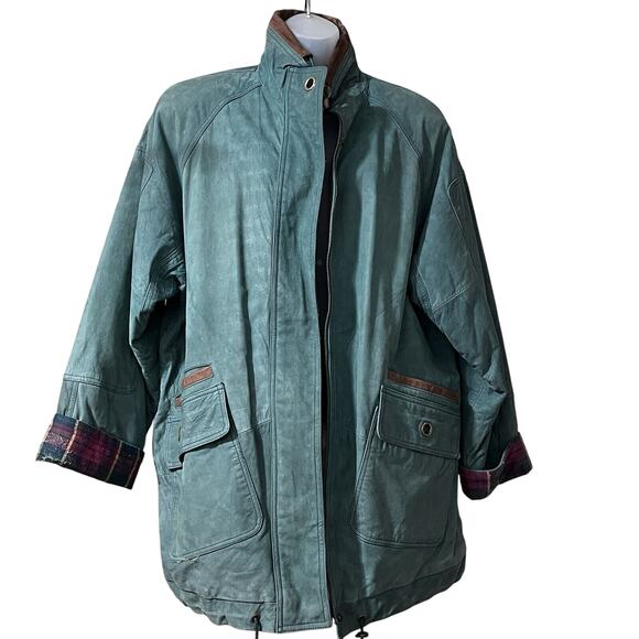 Maggie Lawrence Women Barn Chore Coat Gorpcore Large Leather Green Plaid Accent - Picture 1 of 13